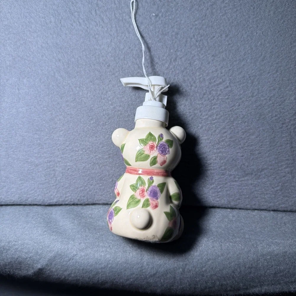 Vintage Ceramic Teddy Bear Soap Dispenser Pump, Freestanding, Floral.